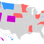 Blau = Bundesstaaten mit Gesetzen zu medizinischem Cannabis Orange = Bundesstaaten mit Gesetzen zur Cannabis-Entkriminalisierung Pink = Bundesstaaten mit Gesetzen auf beiden Gebieten (Stand: Januar 2008)